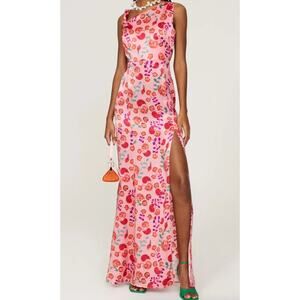 Saloni‎ Dress Womens 6 Pink Red Floral Leona Gown Satin Asymmetric Slit Thigh